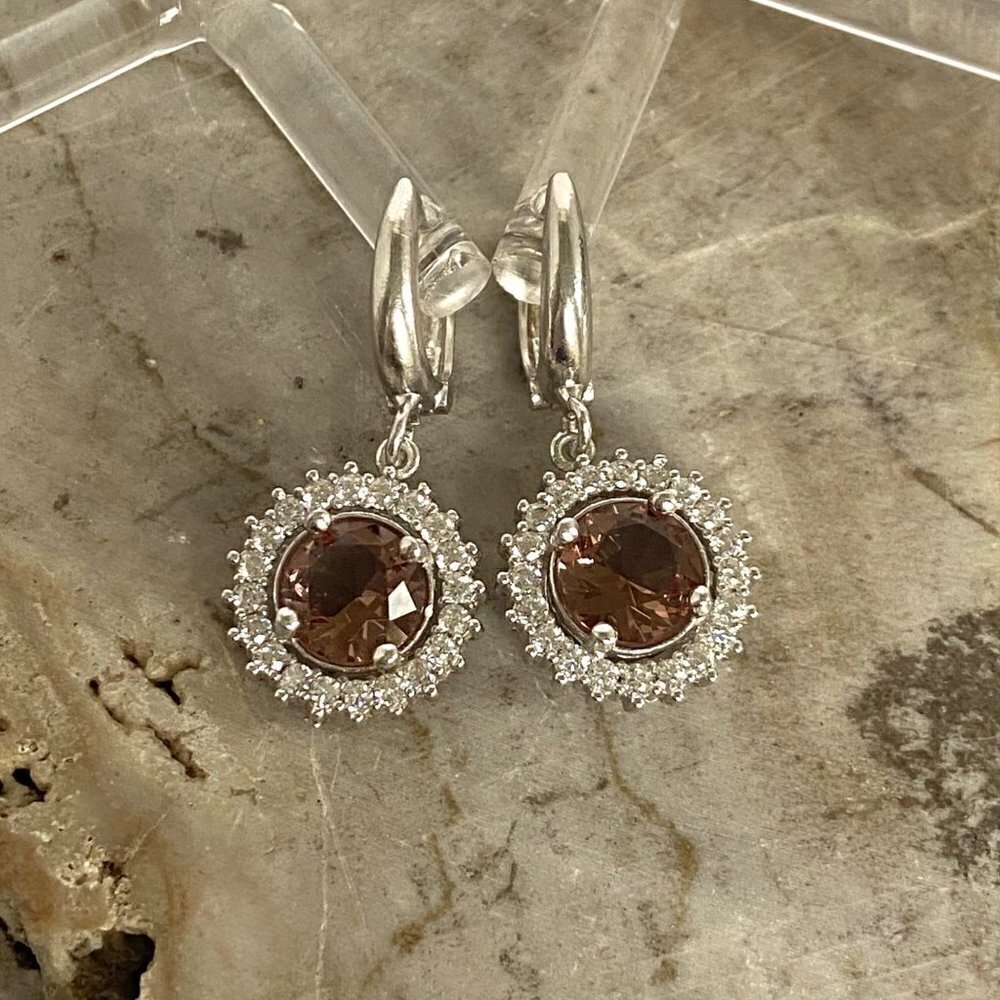 Sterling Silver 925 Round Deep Peach Cubic Zirconia Round Halo Dangle Earrings